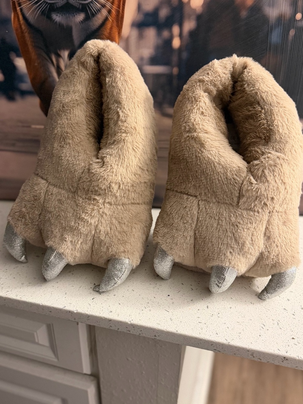 SPY Plush Monster Claw Slippers in Beige with Silver Claws - Picture 2 of 5